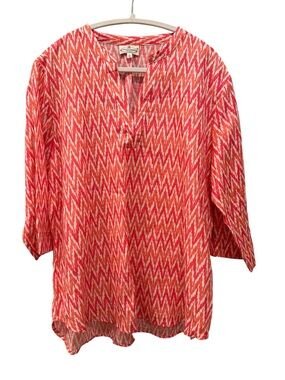 Linen Cotton Chevron V Neck Tunic Top 3/4 Sleeves Mature Summer Sz L